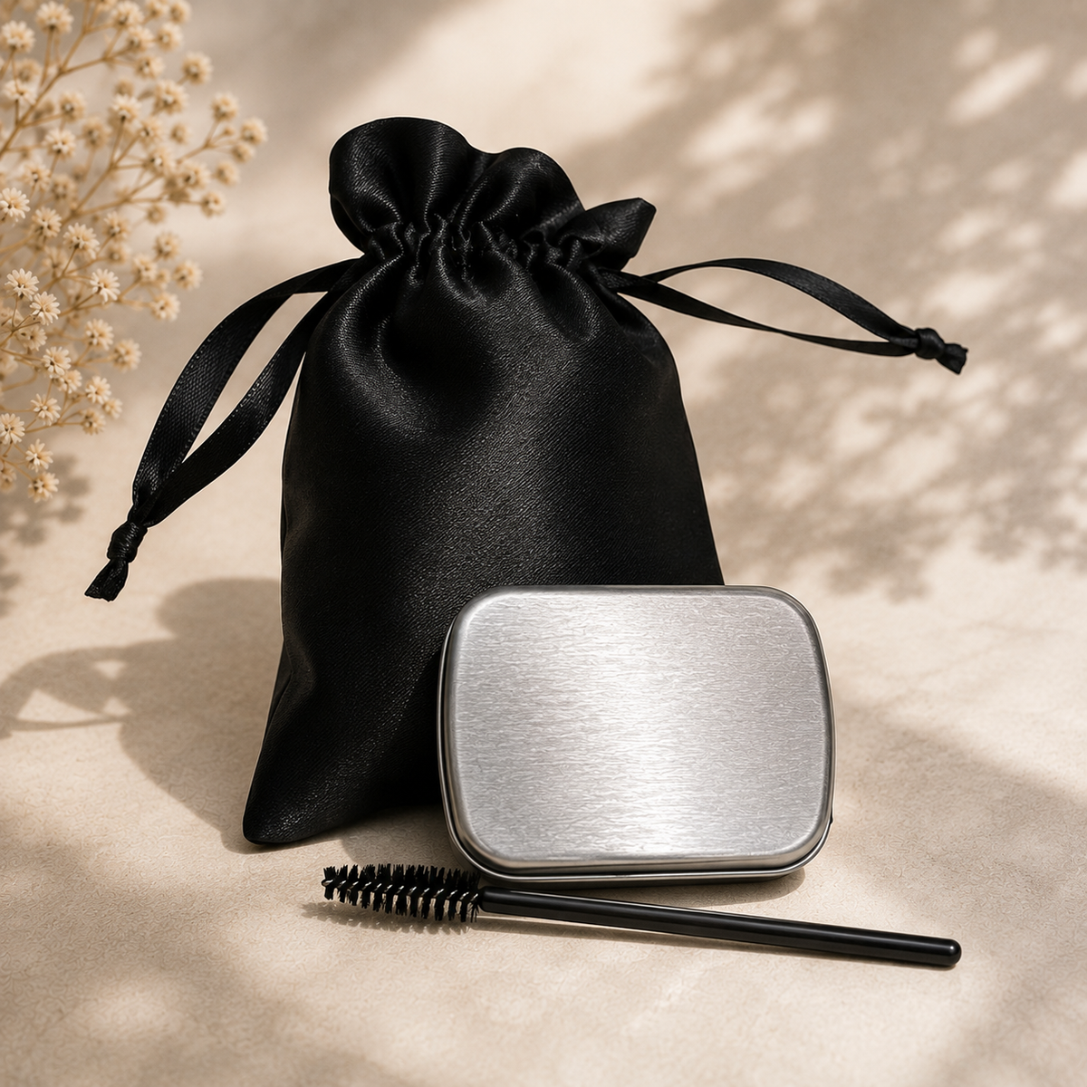 A black satin drawstring pouch, a brushed silver metal tin, and a black spoolie brush arranged on a beige surface with soft leaf shadows and dried flowers in the background.
