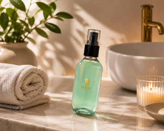 A clear spray bottle filled with pale green liquid stands on a marble bathroom counter beside a folded cream towel, a lit candle, and a white vessel sink with a gold faucet. The bottle has a black spray top and a small gold logo reading RYSE.