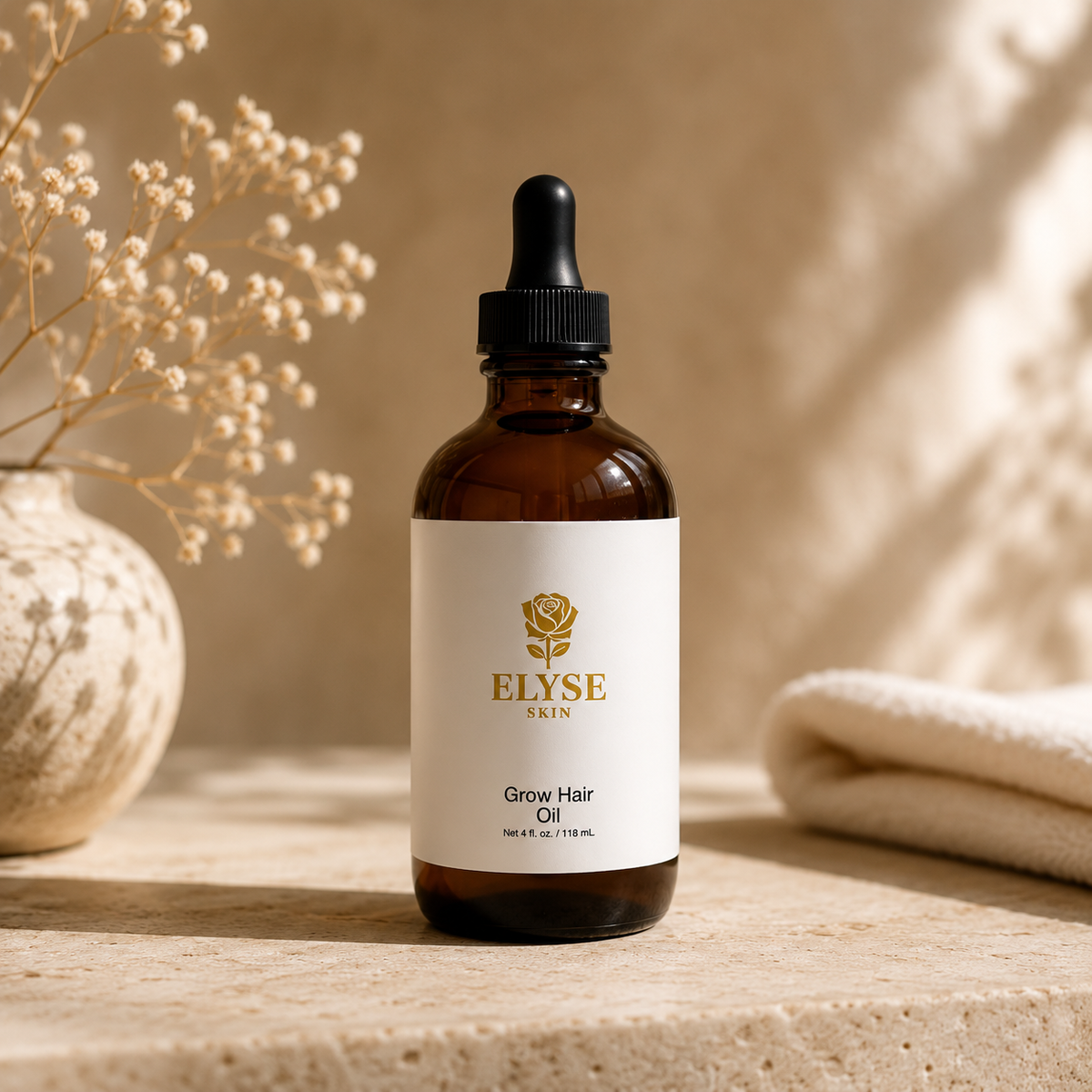 An amber glass dropper bottle of ELYSE SKIN Grow Hair Oil stands on a stone surface with a warm beige background, dried flowers in a vase to the left, and a folded towel to the right.