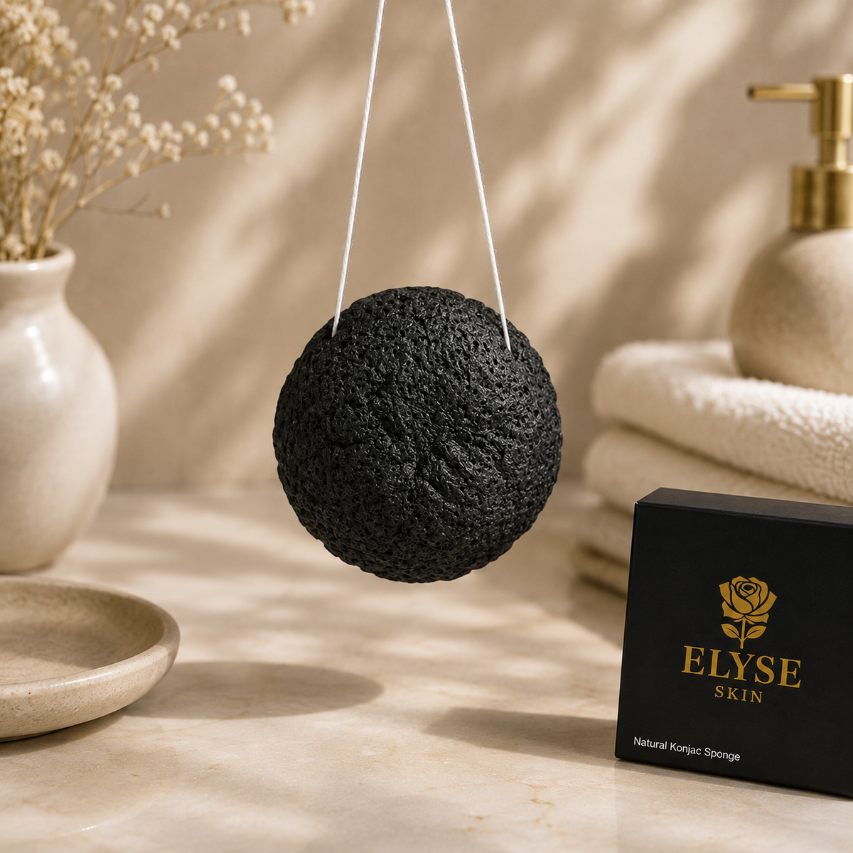 A black textured spherical exfoliating sponge hanging by white strings, with a black ELYSE SKIN box in the foreground and spa-style props including a vase, tray, folded towels, and pump bottle in the background.