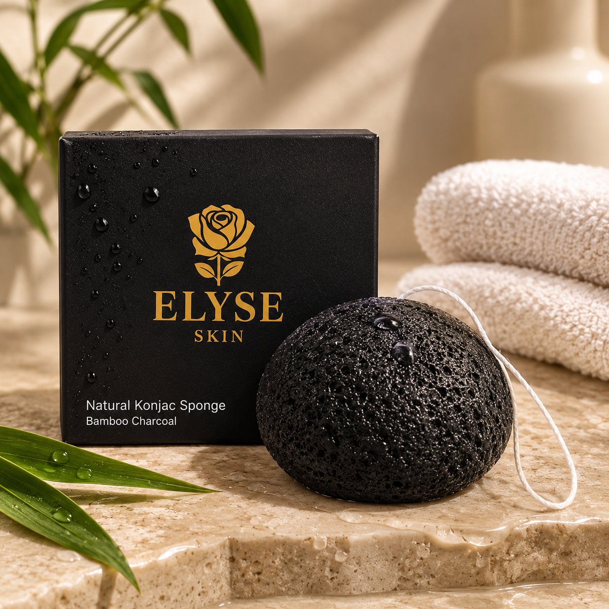 A black porous natural konjac sponge with a white hanging loop sits in front of a black ELYSE SKIN box on a beige stone surface, with rolled towels and green leaves in a softly lit spa-like setting.